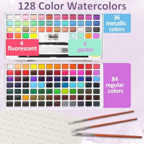 128 color watercolor set with brushes, including metallic, fluorescent, pastel, and regular colors.
