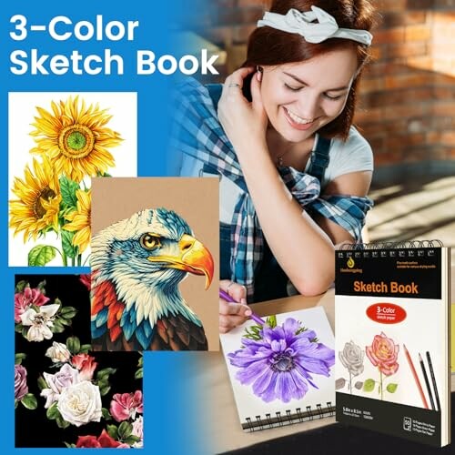Person sketching with a 3-color sketch book, surrounded by floral and eagle illustrations.