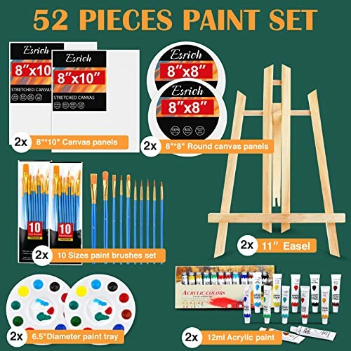 52-piece paint set with canvas, easel, brushes, and paints.
