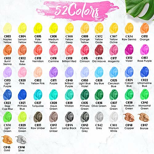 Chart displaying 52 watercolor paint colors with color samples and codes.