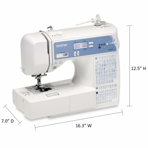 Brother sewing machine with a variety of presser feet and accessories.