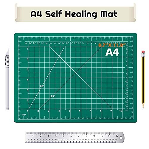 A4 self healing cutting mat with knife, pencil, and ruler.