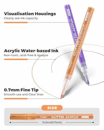 Acrylic markers with details about features like visualization housings, water-based ink, and fine tip.