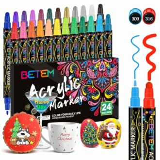 Set of 24 colorful acrylic markers with decorated objects.