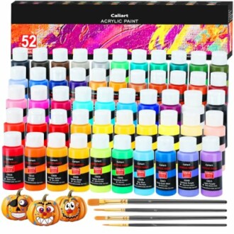 Acrylic paint set with 52 vibrant colors and paintbrushes.