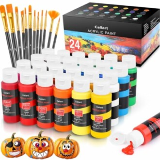 Acrylic paint set with brushes and colorful bottles.