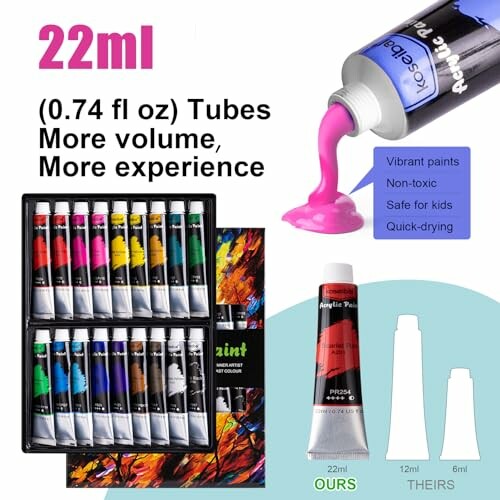 22ml acrylic paint tubes with vibrant colors and non-toxic, quick-drying features.