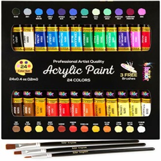Acrylic paint set with 24 colors and brushes.
