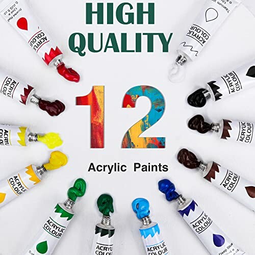 Set of 12 acrylic paint tubes arranged around text.