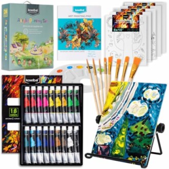Acrylic painting set with paints, brushes, canvas, and painting pad.