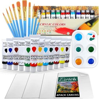 Acrylic painting set with brushes, paint tubes, palette, and canvases.