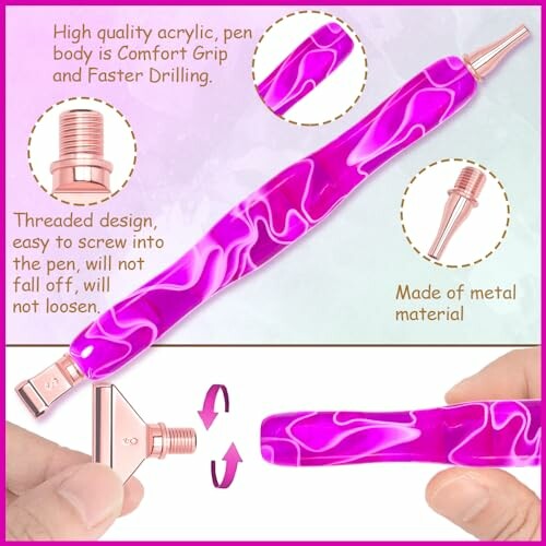 Acrylic pen with comfort grip, metal tip, and threaded design.
