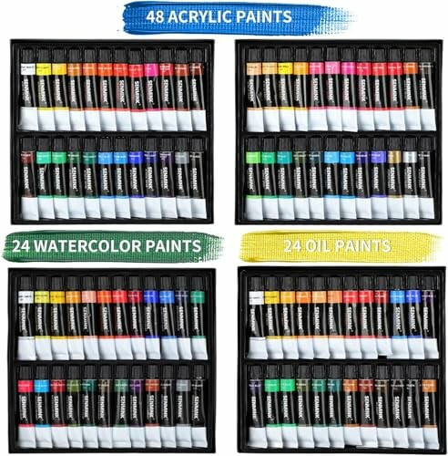 A set of 48 acrylic paints, 24 watercolor paints, and 24 oil paints in tubes.