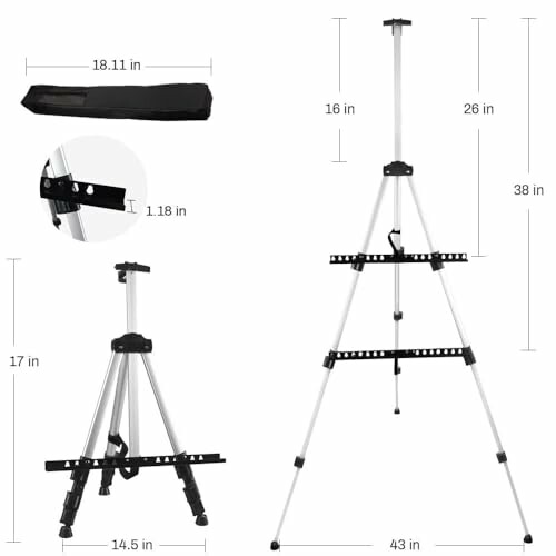 Adjustable easel stand with dimensions and carrying case.
