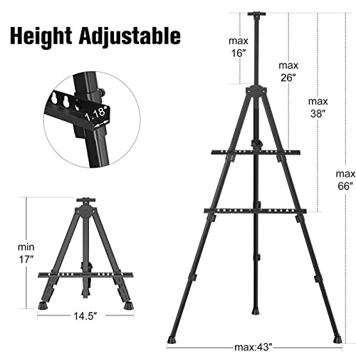 Height adjustable black easel stand with measurements.