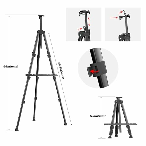 Adjustable metal easel stand with height measurements and close-up details.