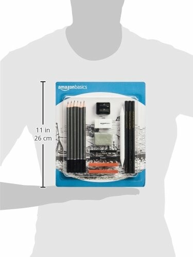 AmazonBasics sketching pencil set with pencils, eraser, sharpener, and case.