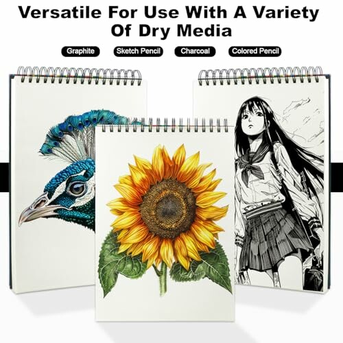 Three sketchbooks with drawings of a peacock, sunflower, and person.