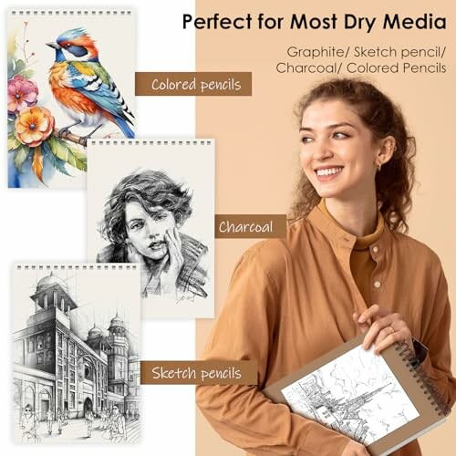 Woman holding sketchbook with drawings, highlighting use of colored pencils, charcoal, and sketch pencils.