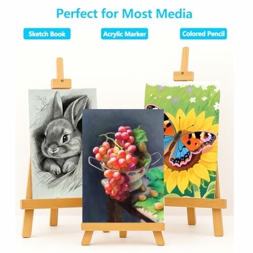 Three easels displaying artwork: a sketch of a rabbit, a painting of grapes, and a colorful butterfly on a sunflower.