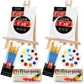 Art supplies kit with canvases, paint tubes, brushes, palettes, and easels.