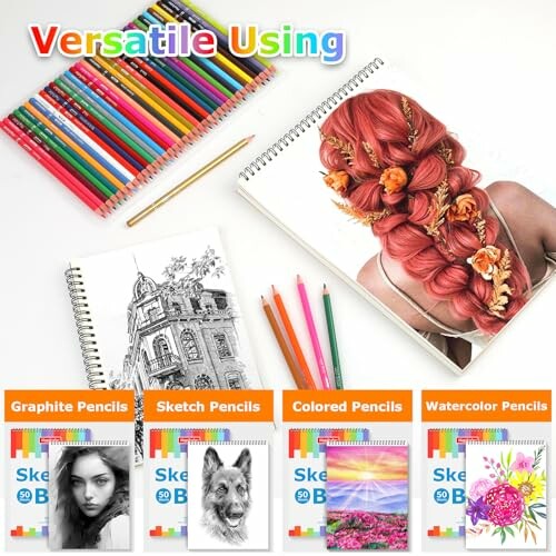 Art supplies with colored pencils, sketchbooks, and drawings.