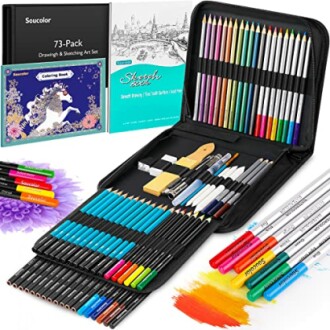 73-pack art supply kit with colored pencils, markers, and sketchbook.