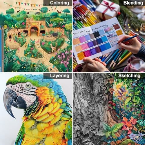 Collage of different art techniques: coloring, blending, layering, sketching.