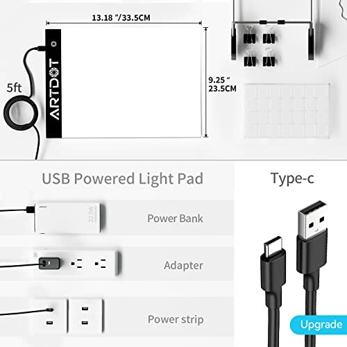 Diagram of ARTDOT USB powered light pad with dimensions and power options.