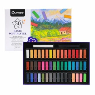 Artecho 50-piece basic soft pastel set with colorful assortment and scenic box art.