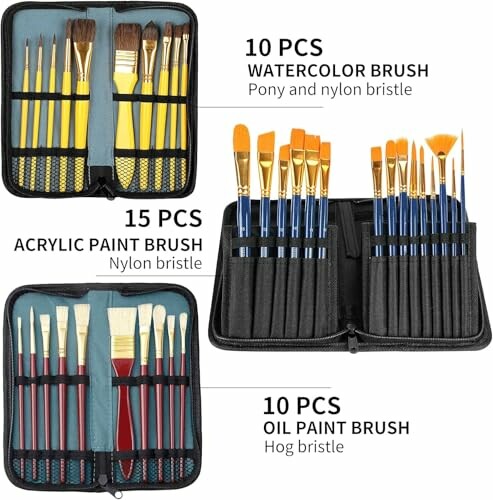 Various artist brushes in a carrying case, including watercolor, acrylic, and oil paint brushes.