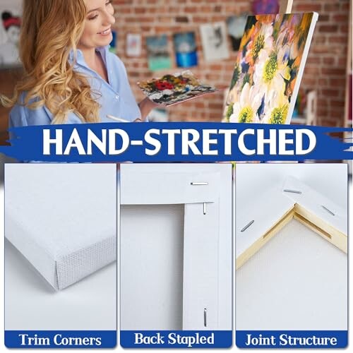 Artist painting on hand-stretched canvas with close-up of trim corners, back stapled, and joint structure.