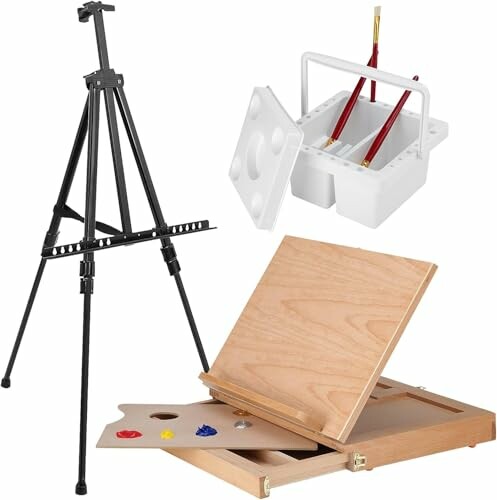 Artist painting kit with easel, paint box, and brush holder.