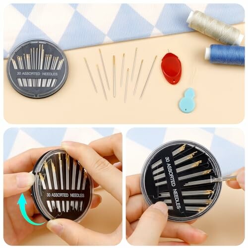 Assorted sewing needles and thread in a kit.