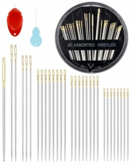 Assorted sewing needles with needle threaders.
