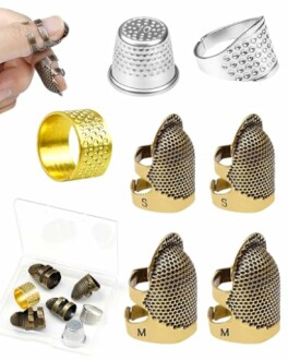Assorted sewing thimbles in various styles and materials, including metal and gold-colored.