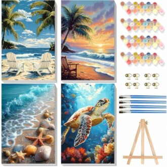 Beach-themed painting kit with ocean scenes and turtle.