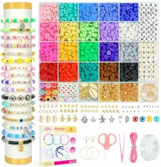 Colorful bead bracelet making kit with alphabet beads, tools, and accessories.