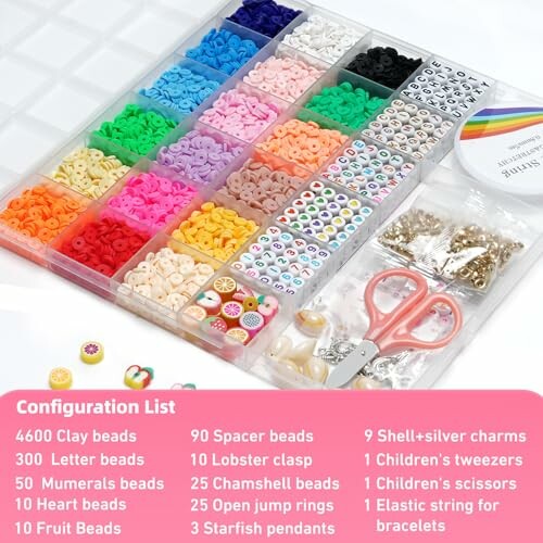 Colorful bead crafting kit with various beads, charms, scissors, and tweezers.