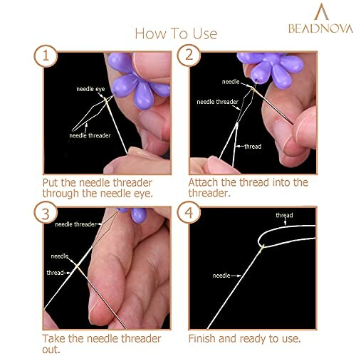 Step-by-step guide on threading a beading needle using a needle threader.