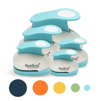 BearBoss craft paper punch set in different sizes with color samples.