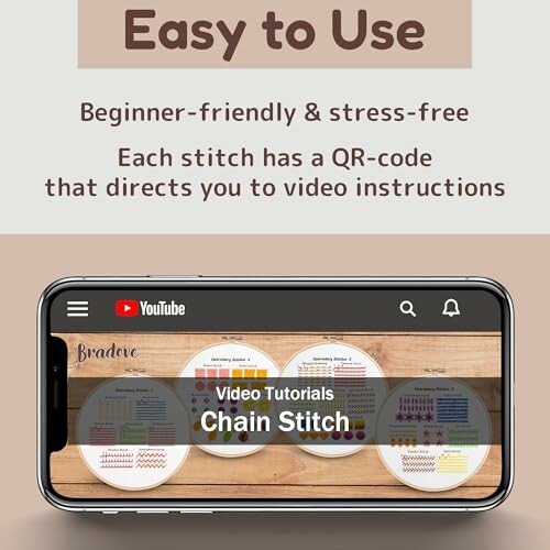 Embroidery guide with QR-code video tutorials, displayed on a smartphone.