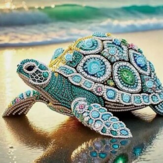 Colorful jeweled turtle sculpture on beach