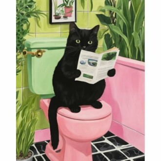 Black cat sitting on a toilet reading a magazine in a colorful bathroom.