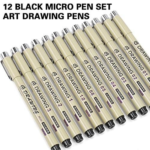 Set of 12 black micro art drawing pens.