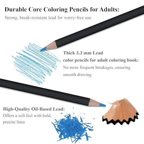 Blue coloring pencils with shavings and text highlighting features.
