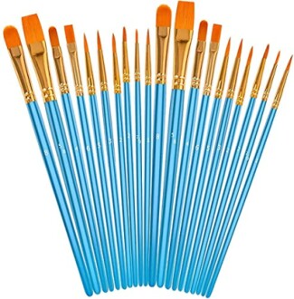 Set of blue paintbrushes with orange bristles in various sizes.