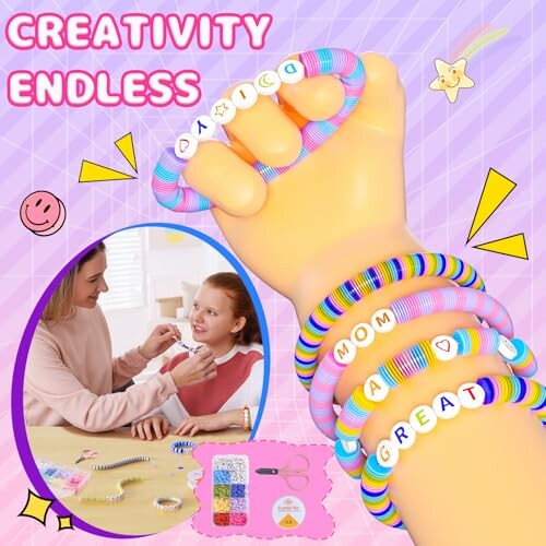 Colorful bracelet-making kit with beads and letters.