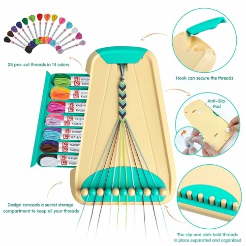 Bracelet making kit with threads, color samples, and storage compartment.