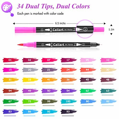 Caliart dual tip markers with color codes and dimensions.